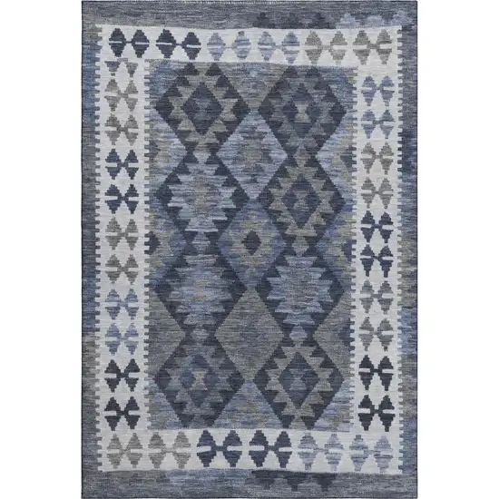 Navy Blue And Ivory Tribal Washable Area Rug With UV Protection Photo 1