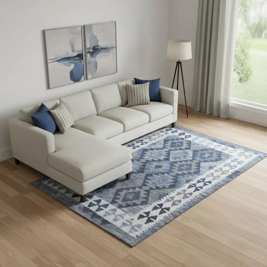 Navy Blue And Ivory Tribal Washable Area Rug With UV Protection Photo 2