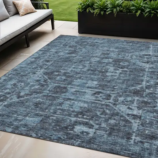 Navy Blue And Ivory Tribal Washable Indoor Outdoor Area Rug Photo 1