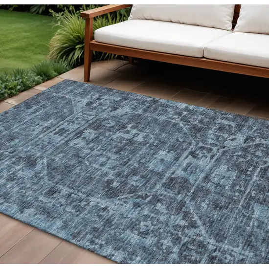 Navy Blue And Ivory Tribal Washable Indoor Outdoor Area Rug Photo 1