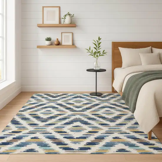 Navy Blue And Ivory Tribal Washable Indoor Outdoor Area Rug Photo 6