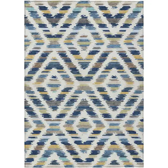 Navy Blue And Ivory Tribal Washable Indoor Outdoor Area Rug Photo 1
