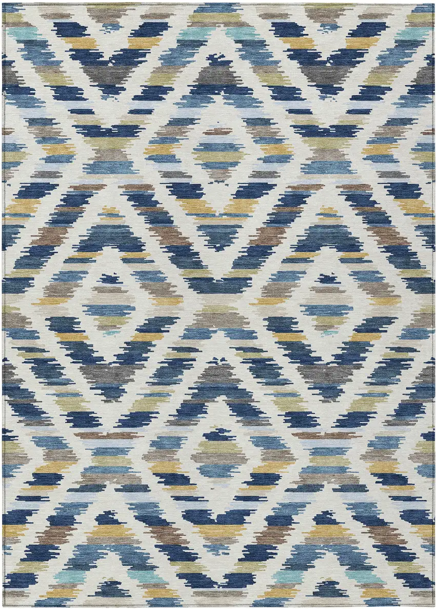 Navy Blue And Ivory Tribal Washable Indoor Outdoor Area Rug Photo 1