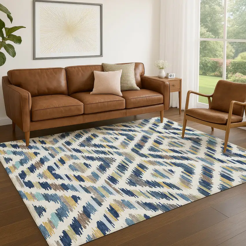 Navy Blue And Ivory Tribal Washable Indoor Outdoor Area Rug Photo 5