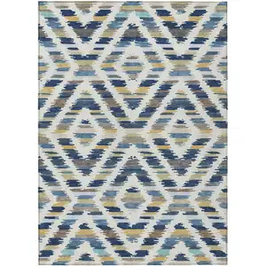 Photo of Navy Blue And Ivory Tribal Washable Indoor Outdoor Area Rug