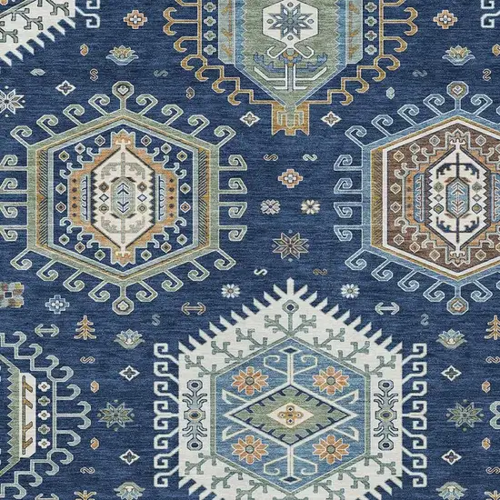 Navy Blue And Ivory Tribal Washable Indoor Outdoor Area Rug Photo 2