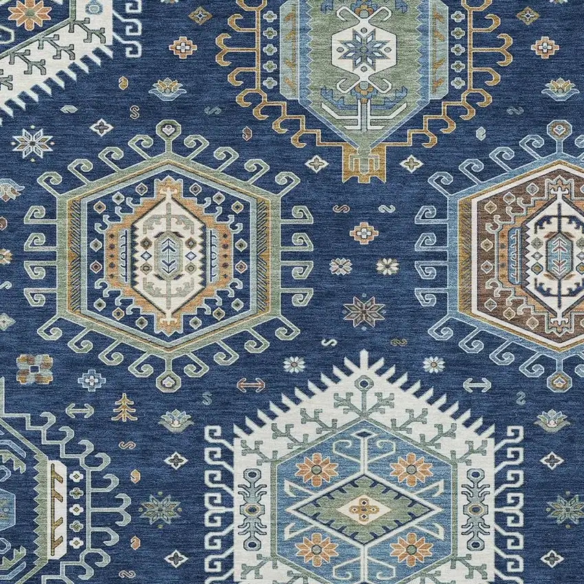 Navy Blue And Ivory Tribal Washable Indoor Outdoor Area Rug Photo 2