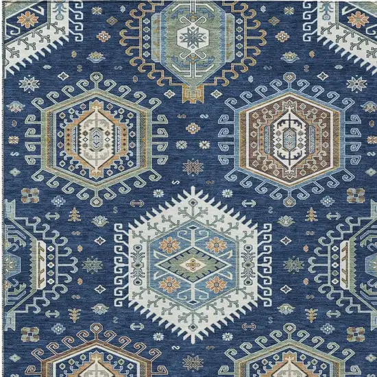 Navy Blue And Ivory Tribal Washable Indoor Outdoor Area Rug Photo 3