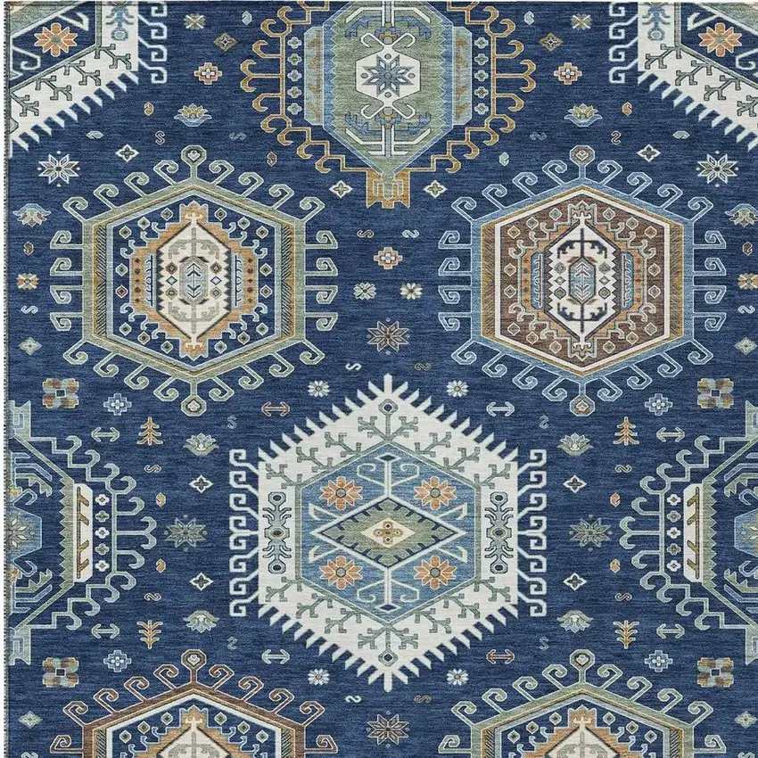 Navy Blue And Ivory Tribal Washable Indoor Outdoor Area Rug Photo 3