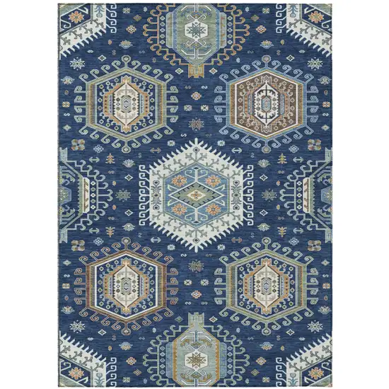 Navy Blue And Ivory Tribal Washable Indoor Outdoor Area Rug Photo 1