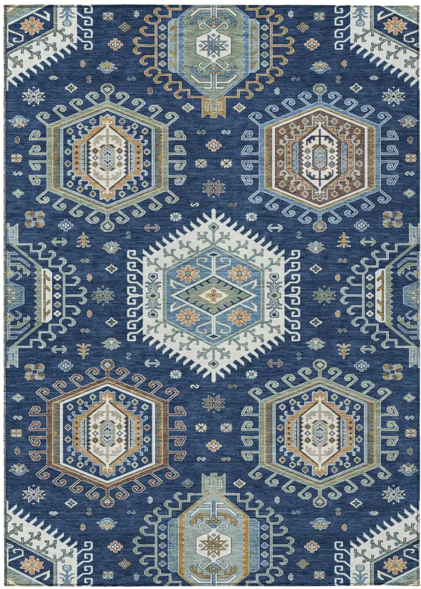 Navy Blue And Ivory Tribal Washable Indoor Outdoor Area Rug Photo 1