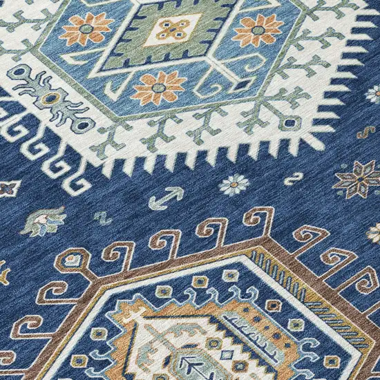 Navy Blue And Ivory Tribal Washable Indoor Outdoor Area Rug Photo 4
