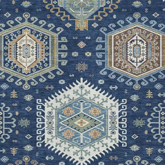 Navy Blue And Ivory Tribal Washable Indoor Outdoor Area Rug Photo 2