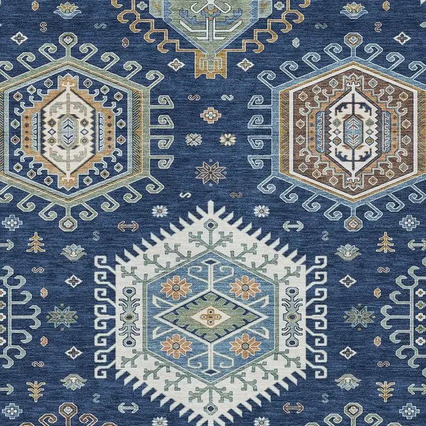 Navy Blue And Ivory Tribal Washable Indoor Outdoor Area Rug Photo 2