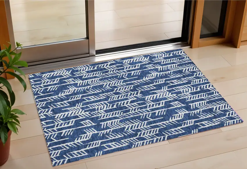 Navy Blue And Ivory Tribal Washable Indoor Outdoor Area Rug Photo 1