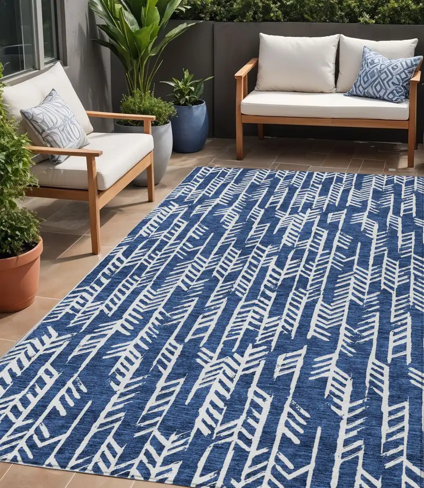 Navy Blue And Ivory Tribal Washable Indoor Outdoor Area Rug Photo 1