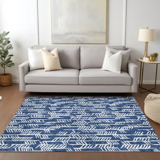 Navy Blue And Ivory Tribal Washable Indoor Outdoor Area Rug Photo 9