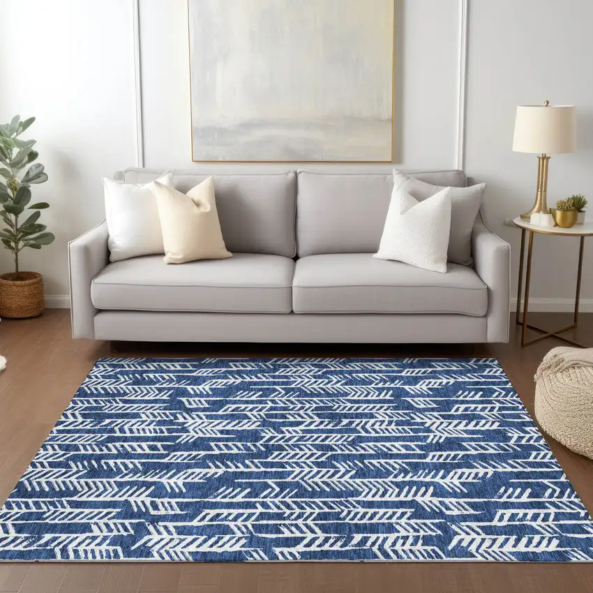 Navy Blue And Ivory Tribal Washable Indoor Outdoor Area Rug Photo 9