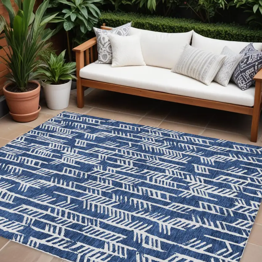 Navy Blue And Ivory Tribal Washable Indoor Outdoor Area Rug Photo 1