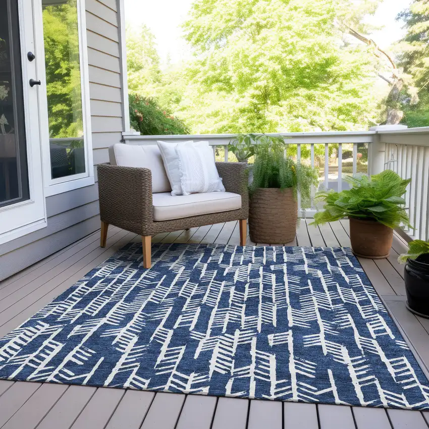 Navy Blue And Ivory Tribal Washable Indoor Outdoor Area Rug Photo 8