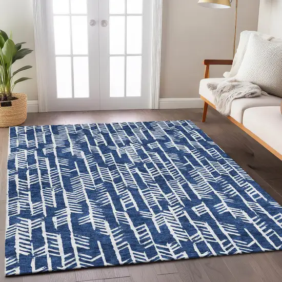 Navy Blue And Ivory Tribal Washable Indoor Outdoor Area Rug Photo 9