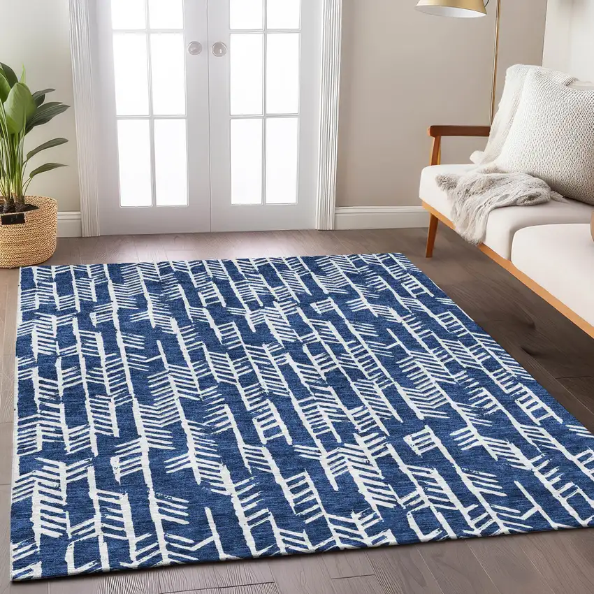 Navy Blue And Ivory Tribal Washable Indoor Outdoor Area Rug Photo 9