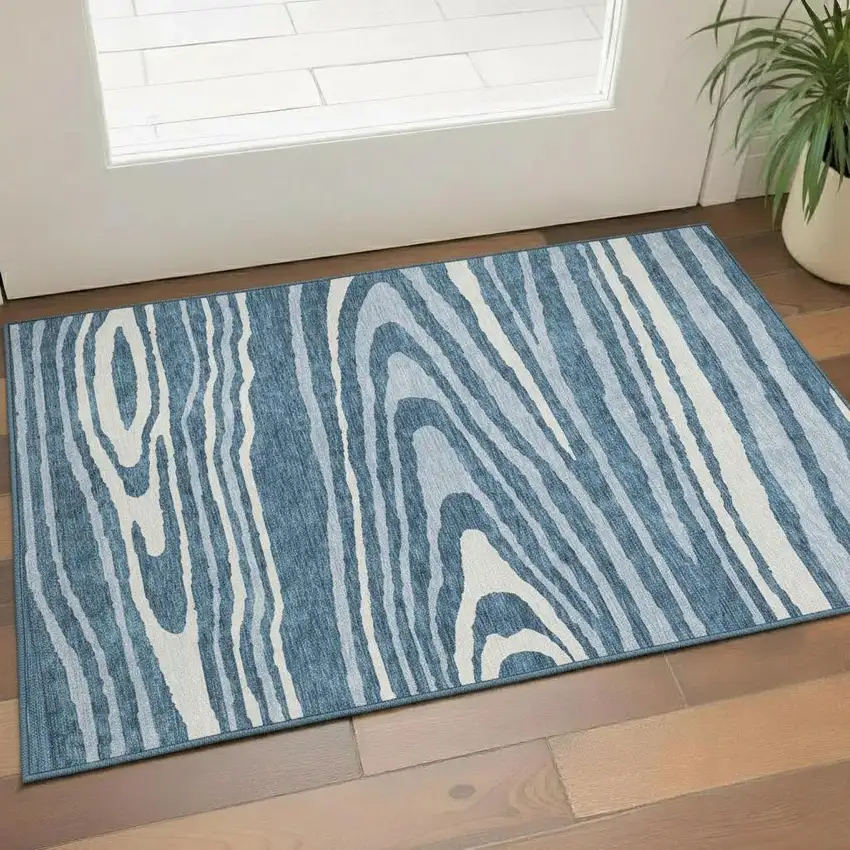 Navy Blue And Ivory Woodland Lodge Washable Area Rug With UV Protection Photo 2