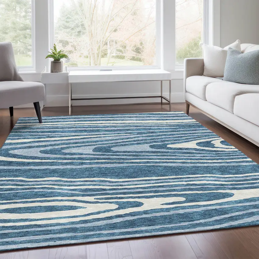 Navy Blue And Ivory Woodland Lodge Washable Area Rug With UV Protection Photo 5