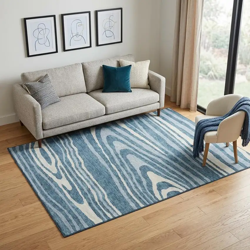Navy Blue And Ivory Woodland Lodge Washable Area Rug With UV Protection Photo 1