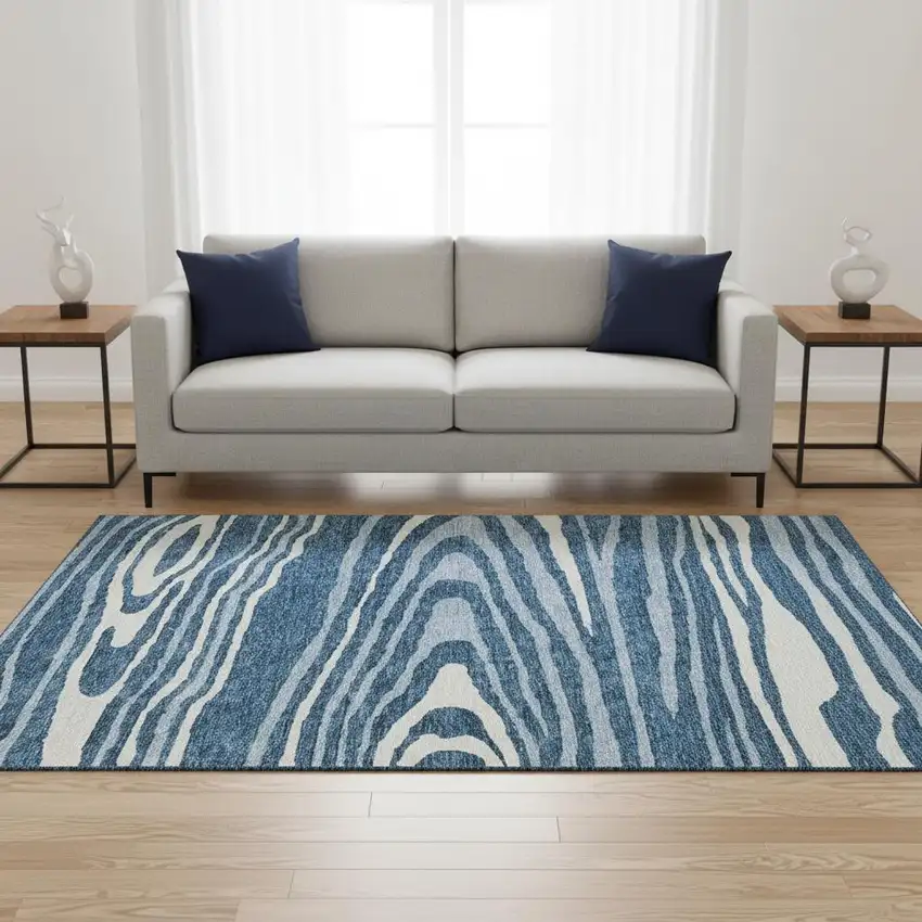 Navy Blue And Ivory Woodland Lodge Washable Area Rug With UV Protection Photo 2