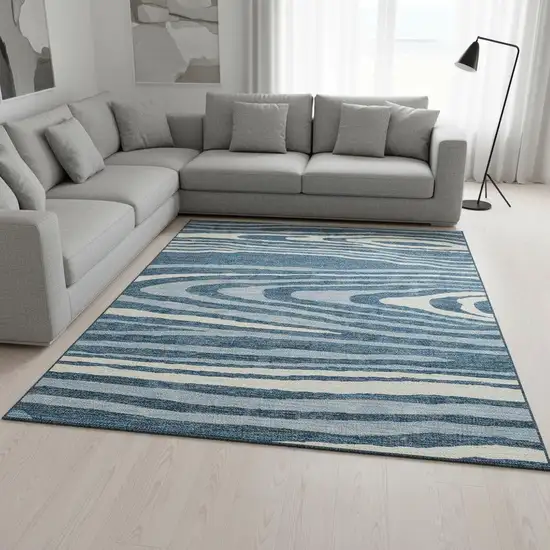 Navy Blue And Ivory Woodland Lodge Washable Area Rug With UV Protection Photo 2