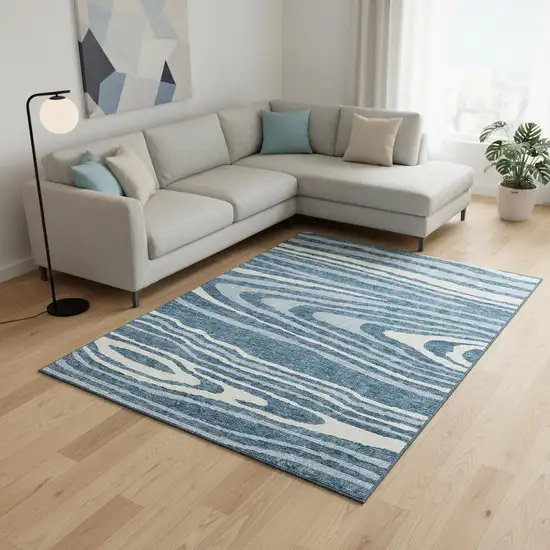 Navy Blue And Ivory Woodland Lodge Washable Area Rug With UV Protection Photo 2