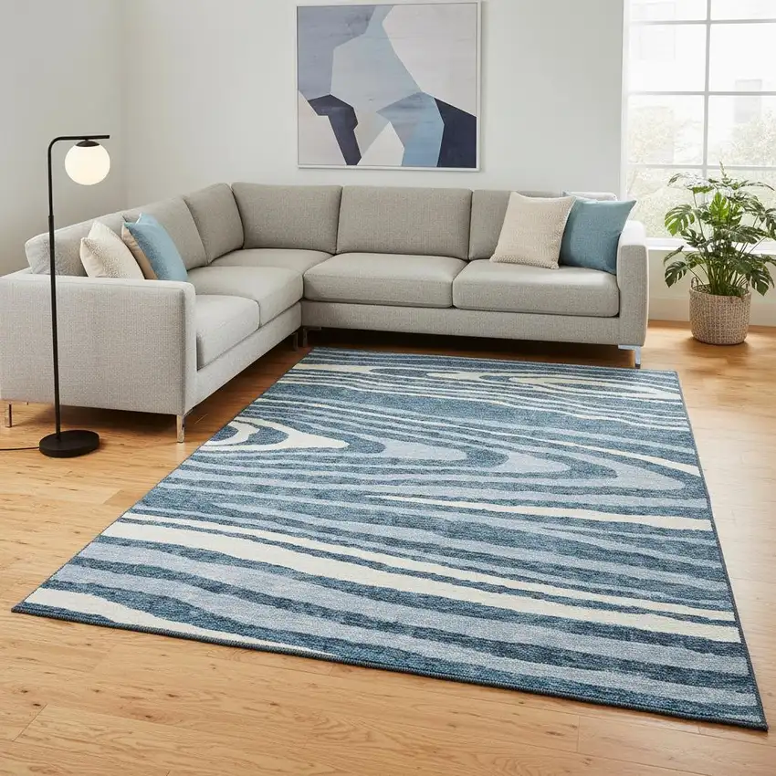 Navy Blue And Ivory Woodland Lodge Washable Area Rug With UV Protection Photo 2