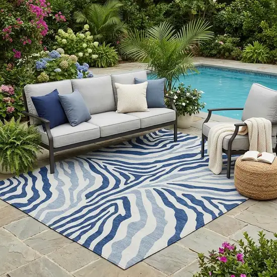 Navy Blue And Ivory Zebra Print Washable Indoor Outdoor Area Rug Photo 1