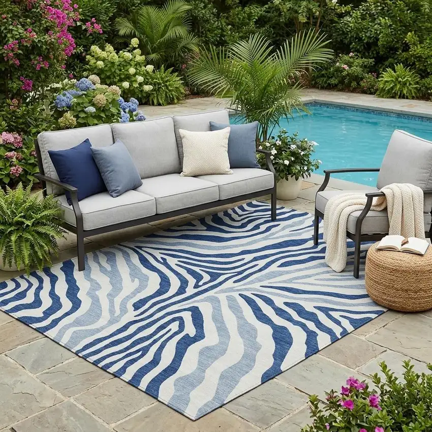 Navy Blue And Ivory Zebra Print Washable Indoor Outdoor Area Rug Photo 1