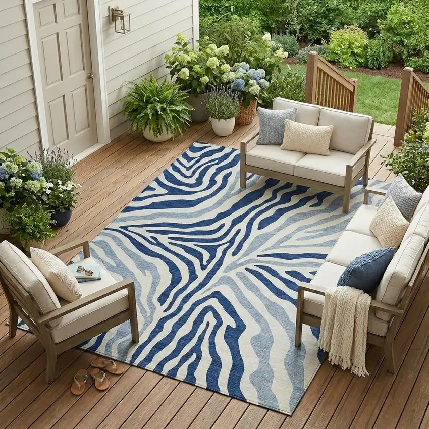 Navy Blue And Ivory Zebra Print Washable Indoor Outdoor Area Rug Photo 1