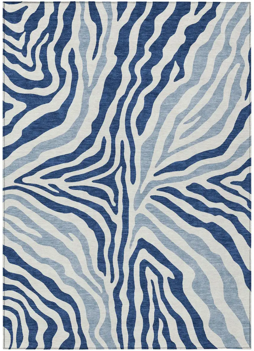 Navy Blue And Ivory Zebra Print Washable Indoor Outdoor Area Rug Photo 2