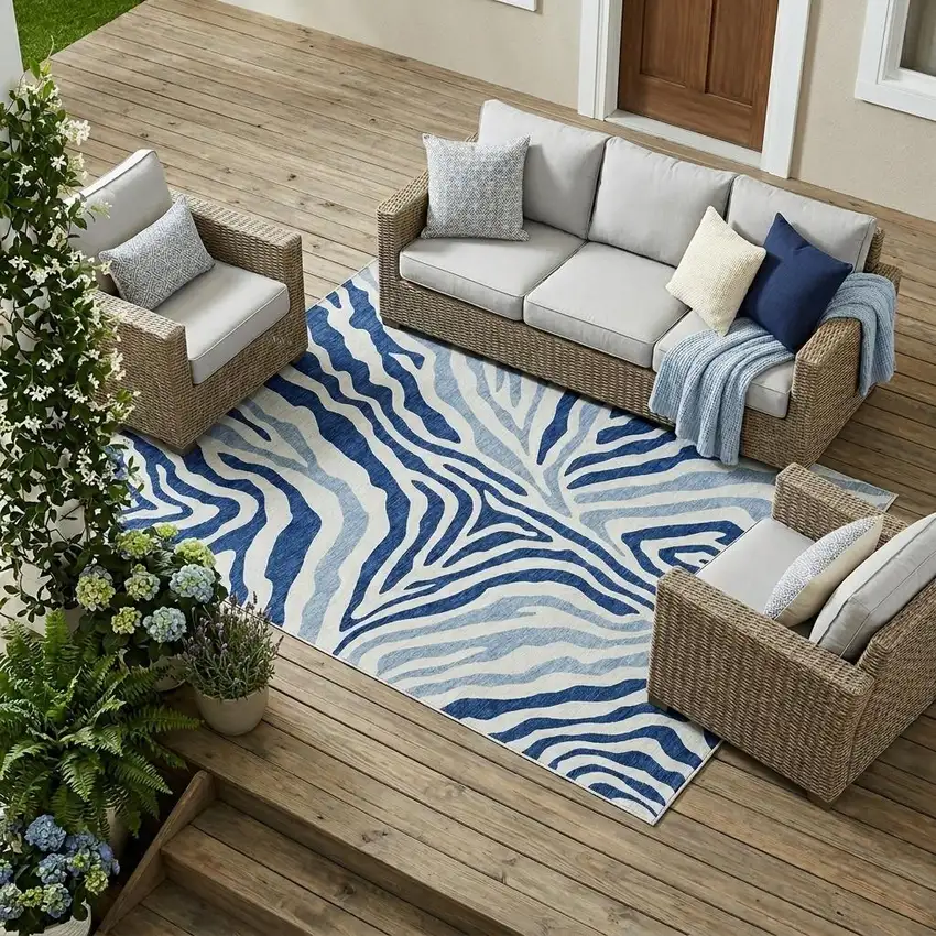Navy Blue And Ivory Zebra Print Washable Indoor Outdoor Area Rug Photo 1