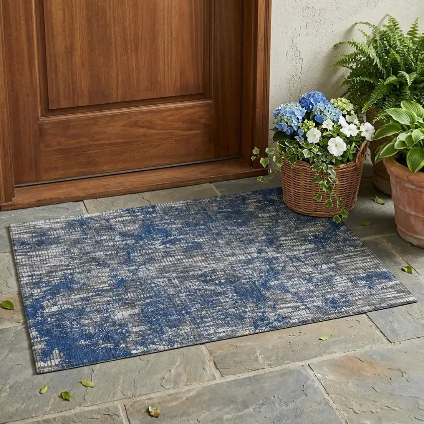 Navy Blue And Khaki Abstract Washable Indoor Outdoor Area Rug Photo 1