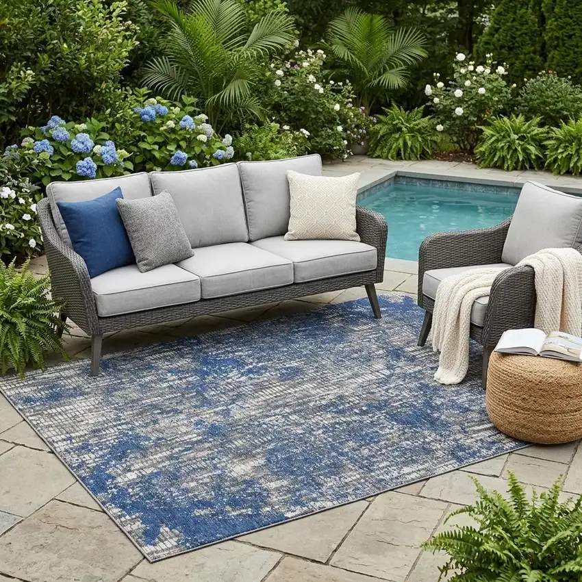 Navy Blue And Khaki Abstract Washable Indoor Outdoor Area Rug Photo 1