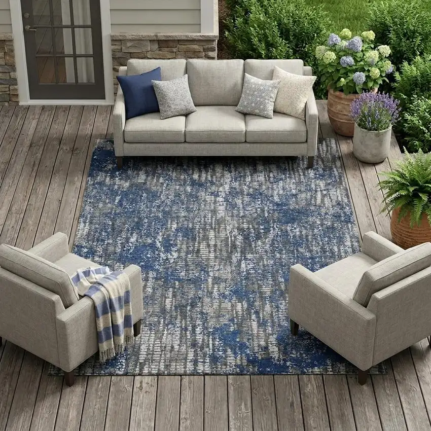 Navy Blue And Khaki Abstract Washable Indoor Outdoor Area Rug Photo 1