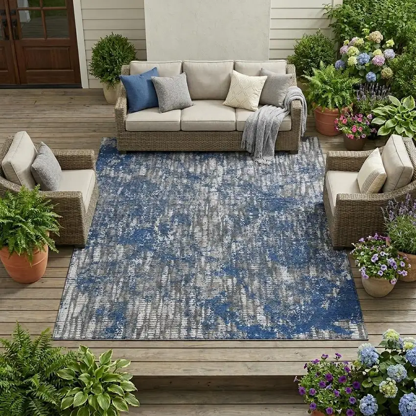Navy Blue And Khaki Abstract Washable Indoor Outdoor Area Rug Photo 1