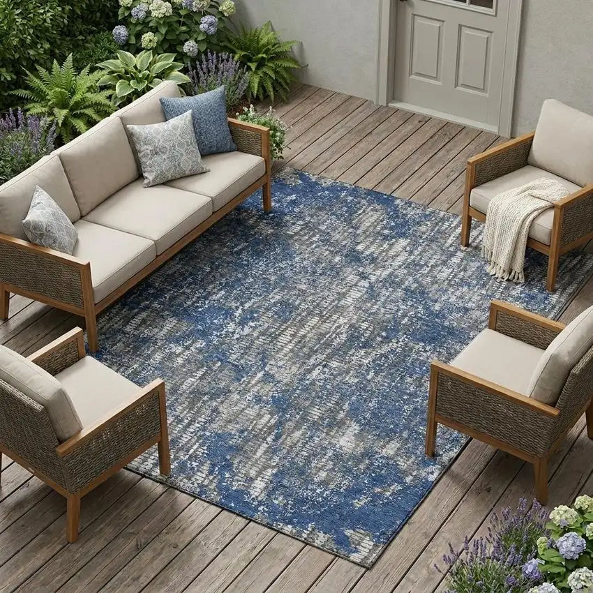 Navy Blue And Khaki Abstract Washable Indoor Outdoor Area Rug Photo 1