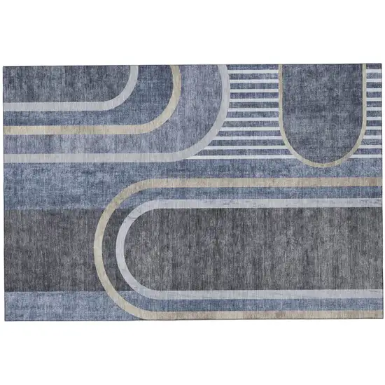 Navy Blue And Khaki Geometric Washable Area Rug With UV Protection Photo 2