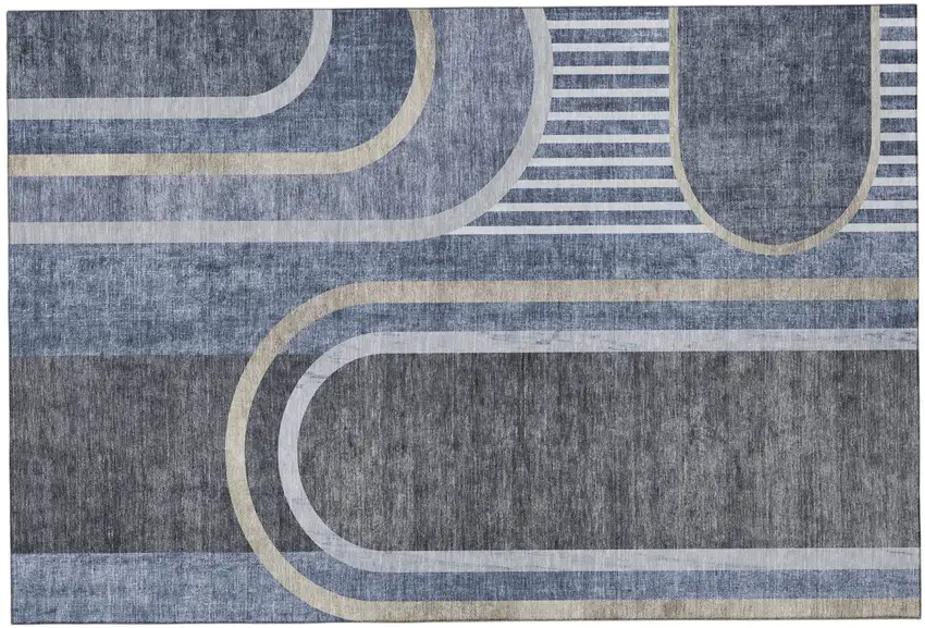 Navy Blue And Khaki Geometric Washable Area Rug With UV Protection Photo 2