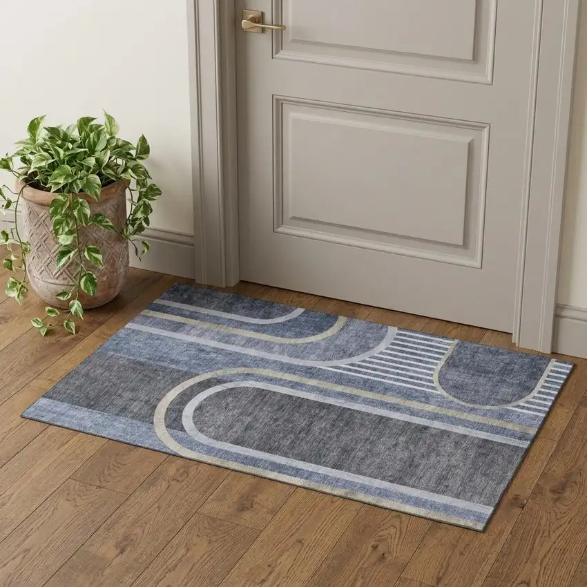 Navy Blue And Khaki Geometric Washable Area Rug With UV Protection Photo 1