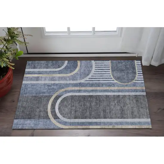 Navy Blue And Khaki Geometric Washable Area Rug With UV Protection Photo 2
