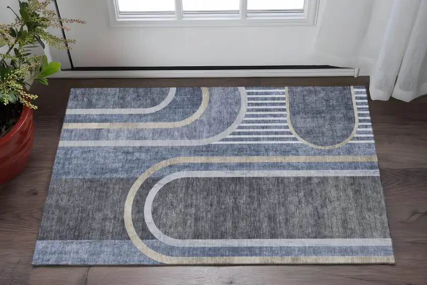 Navy Blue And Khaki Geometric Washable Area Rug With UV Protection Photo 2