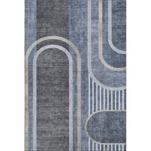 Photo of Navy Blue And Khaki Geometric Washable Area Rug With UV Protection