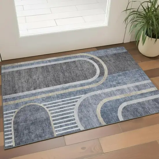 Navy Blue And Khaki Geometric Washable Area Rug With UV Protection Photo 1